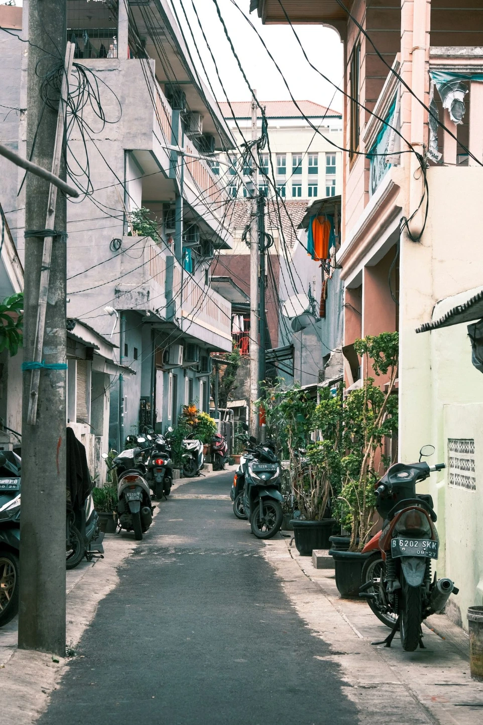 a narrow city street lined with parked motorcycles